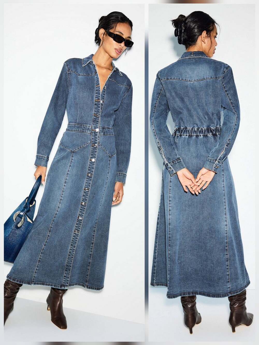 Gestuz Denim Long Sleeve Midi Dress Collared Long Sleeve Size L